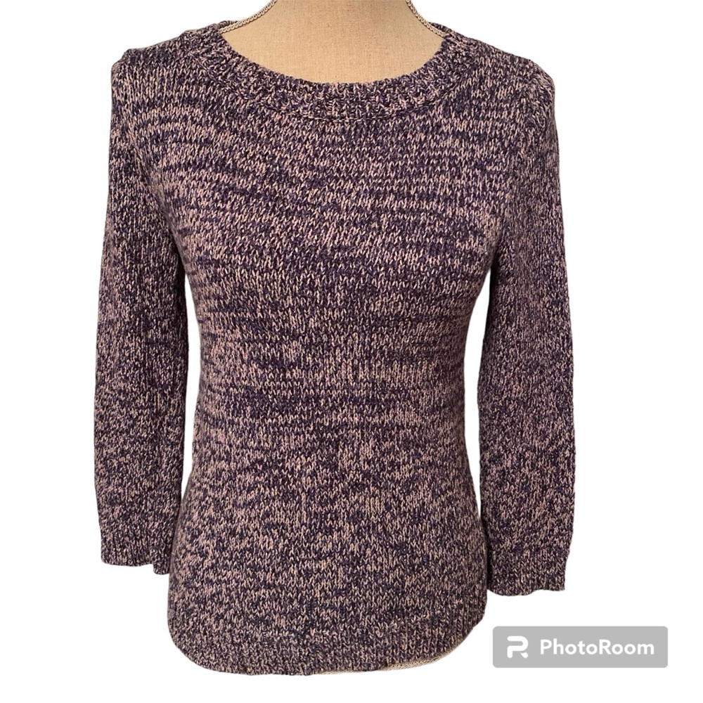REBECCA TAYLOR SWEATER CREWNECK 3/4 SLEEVE BLUE COTTON MARLED KNIT SIZE S